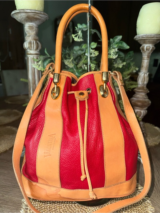 Valentina Handbags - Valentina Red & Tan Leather Drawstring Bucket Bag